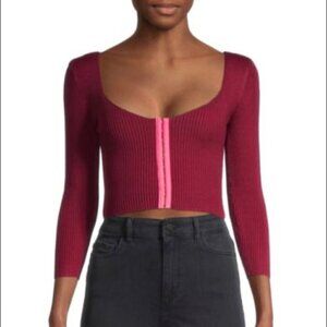 For Love and Lemons Knit Paige Ribbed Crop Hook + Eye Closure Blouse Top Large